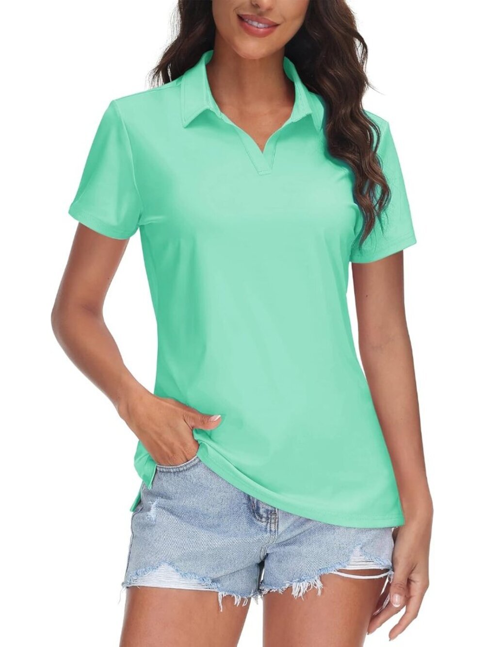 Women's 17-mint Green V-Neck Polo Shirts UPF50+ Short Sleeve Golf Collared Tops